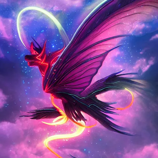 Prompt: bioluminescent winged fairy dream dragon breathing out the galaxy in 4 k colorful soft lighting diffuse powerful dielectric effects twisting artstation trending high definition high detail low orthogonality high frequency noise