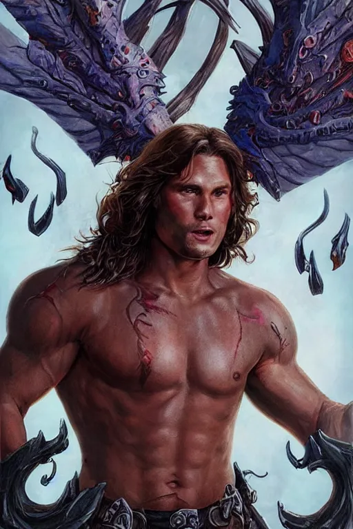 Prompt: front portrait of attractive sam winchester as a belcebu with demon wings wide open, clothes torn apart, muscular chest tattooed with runes and symbols, d & d!, fantasy style, sharp focus!, ultra detailed, art by artgerm and peter andrew jones, wlop