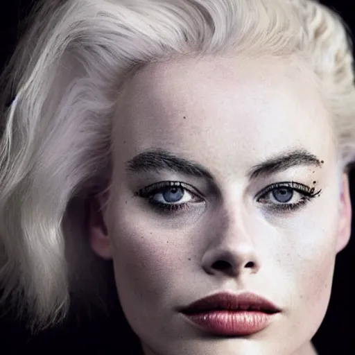 Prompt: photo of margot robbie, full platinum blond, bleached eyebrows, pale skin, freckle, by joel peter witkin, realistic, high detail, high quality, trending on pinteresst