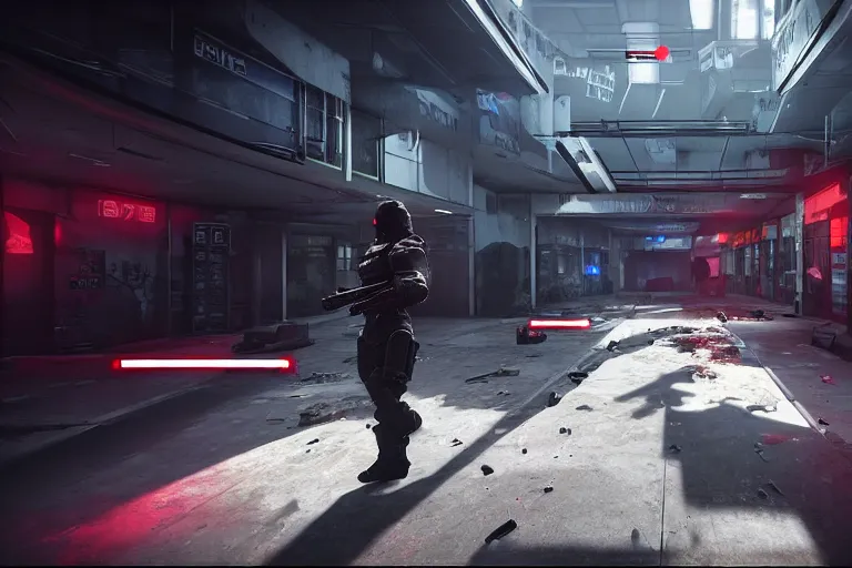 Prompt: hyper realistic fps game trailer on a abandoned cyberpunk shopping mall, a crew of high tech soldiers are in, cinematic lightning, ray tracing, unreal engine, photorealistic fps game concept art, detailed, dark, moody, foggy