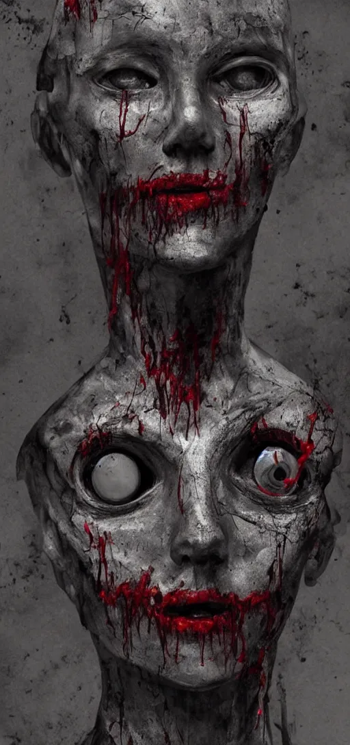 Prompt: old rotting mannequin staring at center of screen with wide bloodshot eyes, horror art, body horror, disturbing, intense, artstation, dramatic, scary, 4K, realistic,