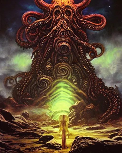 Prompt: inconceivable otherworldly massive cthulu god rising from a grim landscape, epic painting by drew struzan. elder god lovecraft mythology
