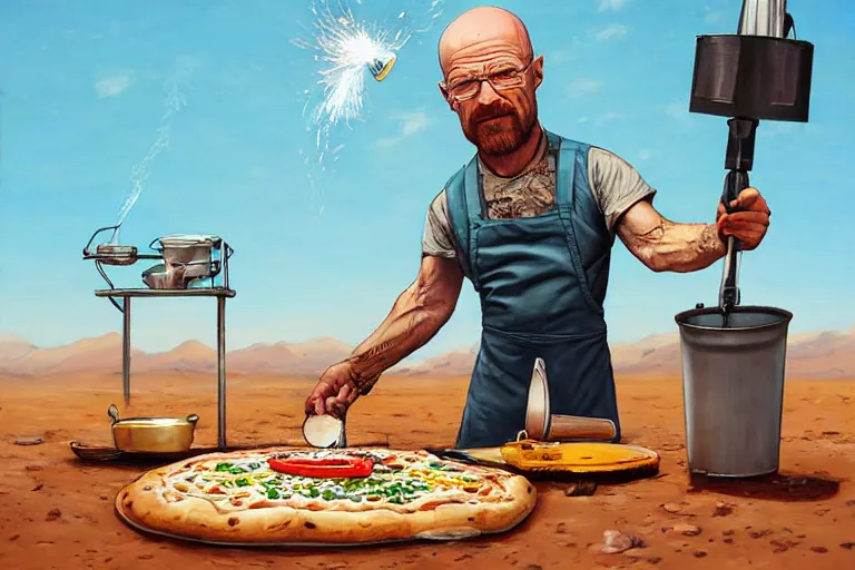 Image similar to a highly detailed portrait of walter white making pizza! in the desert, steaming hot sun in the sky, holding a blowtorch and a pizza peel, intense heat, post - apocalyptic vibe, full body, wide angle, an ultrafine detailed painting by joe fenton, trending on deviantart, pop surrealism, whimsical, lowbrow, perfect symmetrical face, sharp focus, octane, masterpiece