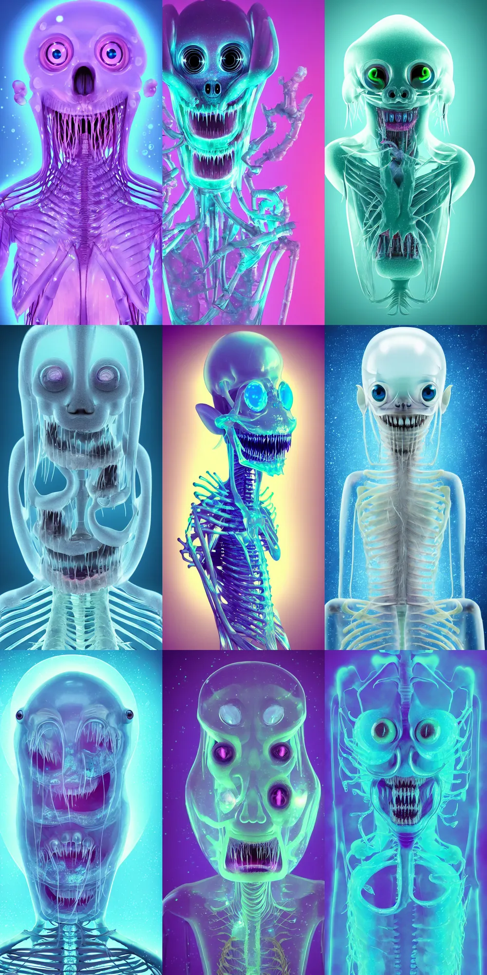 Prompt: kawaii image of a silly sci - fi saliva creature, iridescent membranes, gaping gills and baleen, translucent skin shows haunting skeletal details in front of bright pastel and halogen bokeh lights, eerie, occult, gelatinous with teeth