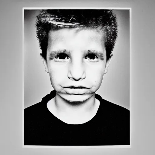 Prompt: symmetrical human portrait of bart simpson, grainy high contrast black and white photography photo print ilford warm tone