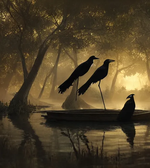 Image similar to three long legs crows in a little boat in a swamp, volumetric lighting, majestic light, octane render, ethereal glare of the sun, hyperrealistic, epic, masterpiece, by greg rutkowski