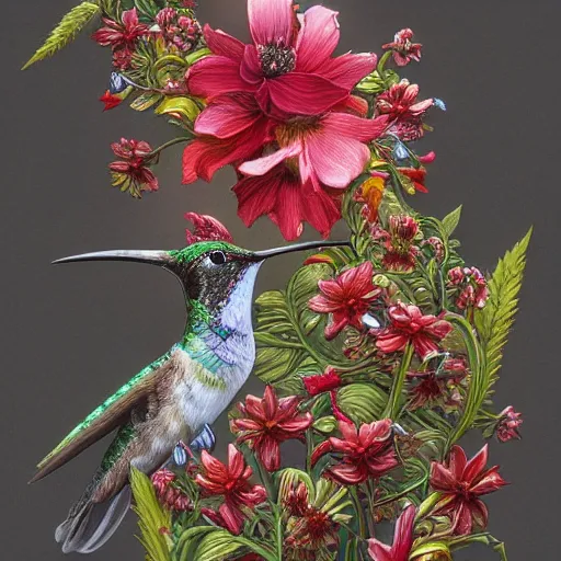 Image similar to hummingbird, covered with fine floral ornaments, eye - level medium - angle shot, intricate, floral background, by esao andrews, by m. w. kaluta, by yoshita amano, intricate, symmetrical, natural lighting, smooth, 3 d octane render, depth perception, 4 k,, artstation