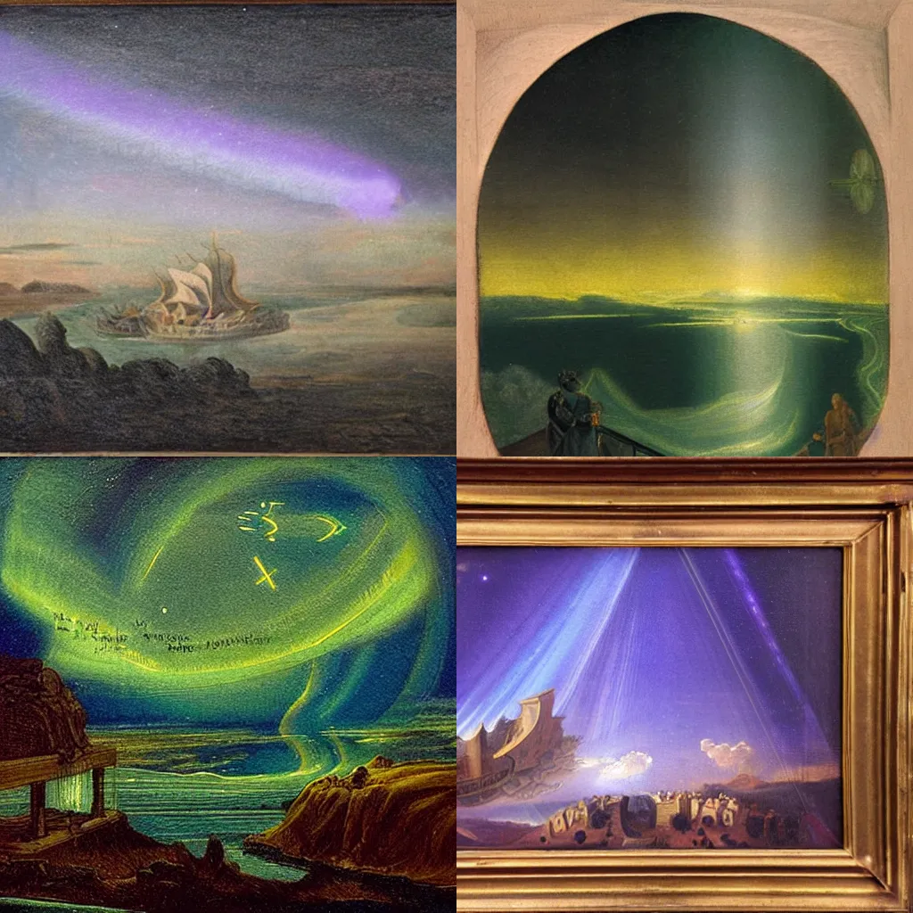 Prompt: Aurura Borealis in a futuristic world, drawn in the stile of a 1700s painting