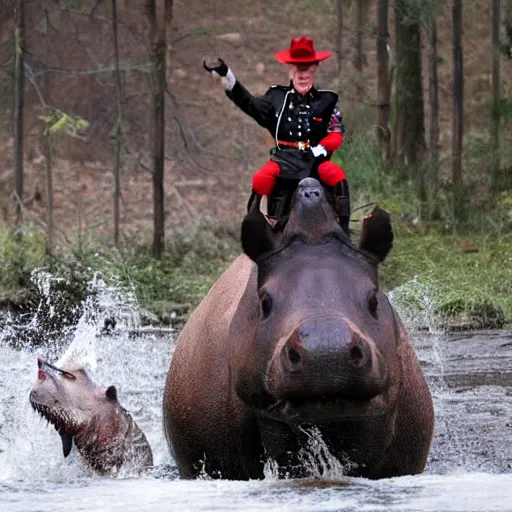 Image similar to photograph of a canadian mountie riding a giant hippo