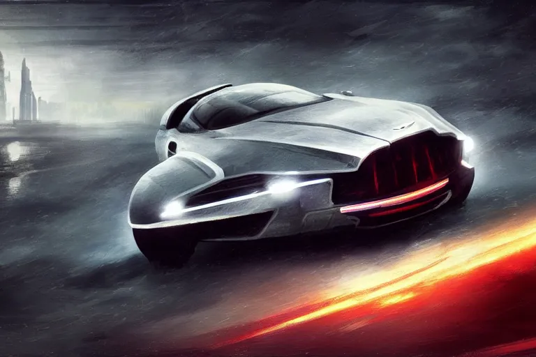 Image similar to a single armored scifi aston martin in the style of bladerunner and alternate car one, car concept, car Design, sid mead, alex ross, intricate Details, concept art, matte painting, highly detailed, rule of thirds, dynamic lighting, cinematic, detailed, denoised, centerd, clean render