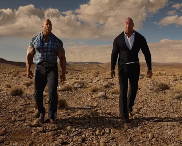 Image similar to dwayne johnson and bob odenkirk in the desert, movie still, photorealistic, detailed realistic bodies, realistic faces, clea composition