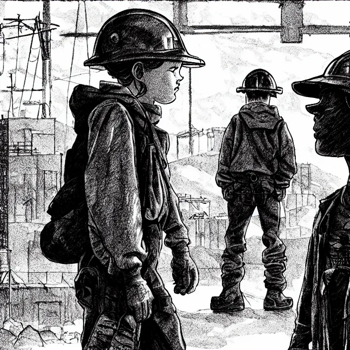 Image similar to sadie sink as a miner waits in a queue. outside a coal mine. storyboard, scifi cyberpunk. by gabriel hardman, joe alves, chris bonura. cinematic atmosphere, detailed and intricate, perfect anatomy