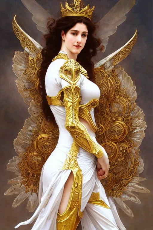 Image similar to full body portrait of a queen wearing white armor with ornate bronze and gold, white gossamer wings, art nouveau, profile, 4K, character concept art, oil painting, trending in artstation, cgsociety, by nekro, Alphonse Mucha, Artgerm, William-Adolphe Bouguereau, Greg Rutkowski