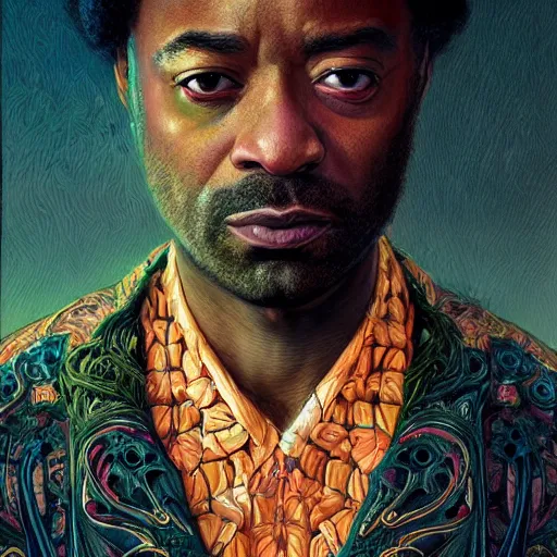 Prompt: portrait of chiwetel ejiofor, hyper detailed masterpiece, neon floral pattern, jean giraud, digital art painting, darkwave goth aesthetic, psychedelic, artgerm, donato giancola and tom bagshaw