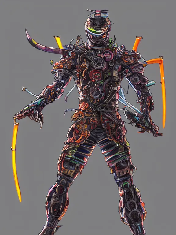 Prompt: full body front view portrait of natural, bio - mechanical ninja samurai, nature and cyber, character design, correct anatomy, concept art, digital illustration, ray tracing, ultra detailed, fantasy, neon lighting, intricate and highly detailed, coloured with lots of colour, pose, fantasy, sharp focus,