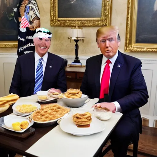 Image similar to photograph of trump and Biden sitting and eating breakfast at a Wafflehouse