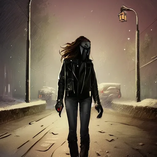 Image similar to by alexander trufanov by artgerm by simon stalenhag tsoi from back pacing lowering head dressed in short leather bomber jacket to empty narrow alley with street lamps in park with pines to the horizon,, with hands in pockets, snowfall at night, mullet long haircut, black hairs, cinematic, dramatic, detailed, realistic, movie shot, low lighting