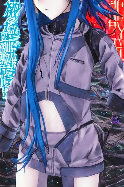 Prompt: beautiful coherent award-winning manga cover art of a mysterious lonely blue-haired anime girl wearing a plugsuit, serial experiments lain, neon genesis evnagelion, painted by tsutomu nihei