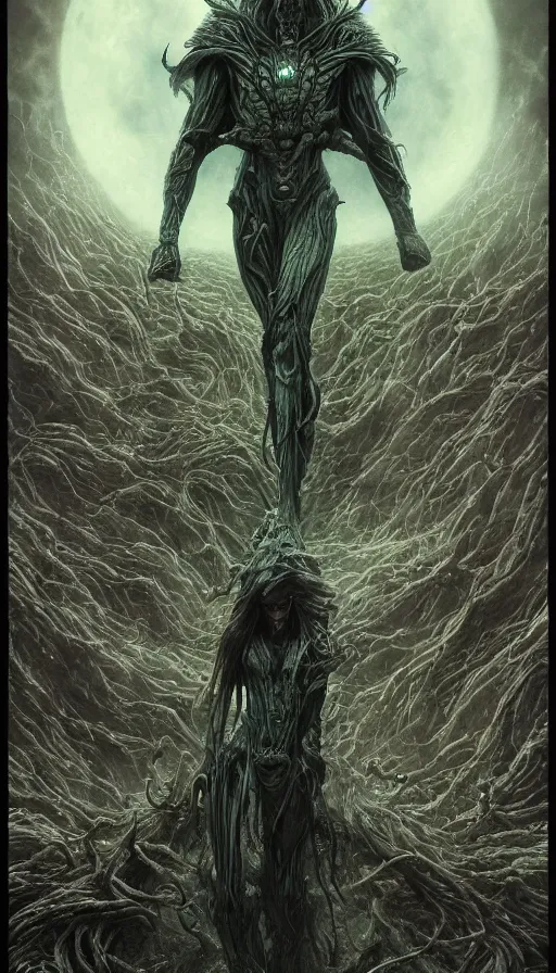 Prompt: Elden Ring, extraterrestrial sentinel themed tarot card, the dark elven warrior intricate artwork by Artgerm, Johnatan Wayshak, Zdizslaw Beksinski, Darius Zawadzki, H.R. Giger, Takato Yamamoto, masterpiece, very coherent artwork, cinematic, high detail, octane render, unreal engine, 8k, High contrast, golden ratio, trending on cgsociety, ultra high quality model, production quality cinema model in the style of Midjourney, highly detailed and intricate artwork, masterpiece, majestic, ephemeral, cinematic lighting, vivid and vibrant colors, iconic movie poster character production art concept, haunting, horror, gothic fog ambience, crimson fire palette, Artstation trending, unreal engine, octane render