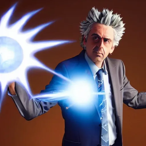 Image similar to Rick Sanchez as a real-life person, studio portrait, real-life-action movie star, holding a portal gun, opening a portal, Rick Sanchez