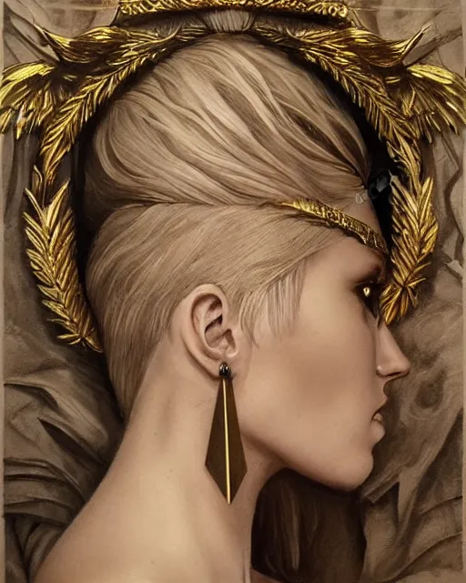 Image similar to tattoo sketch of blonde super model aphrodite greek goddess wearing a gold laurel wreath and triangle earrings, beautiful piercing gaze with sharp pupils, in the style of greg rutkowski, fantasy, amazing detail, epic, elegant, smooth, sharp focus, front view