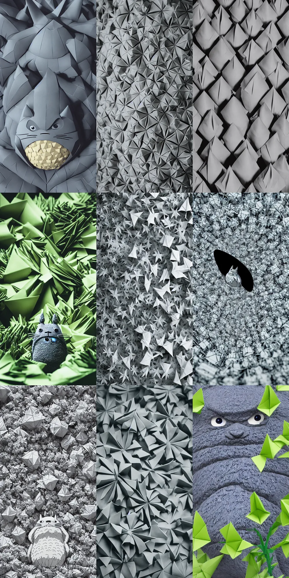 Prompt: totoro in one punch man film still with a full still life film still commercial extreme closeup photo of real - life intricate origami plant, perfect eyes, tilt shift zaha hadid real - life origami forests background, cinestill, 8 k