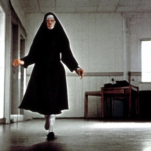 Image similar to a nun walking in the danvers state hospital. still from blade runner.