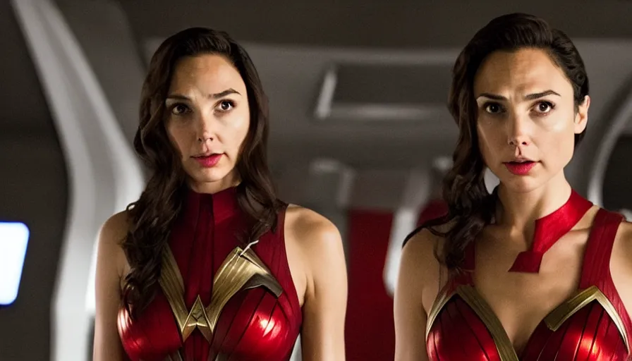 Image similar to Gal Gadot, wearing command red, is the captain of the starship Enterprise in the new Star Trek movie