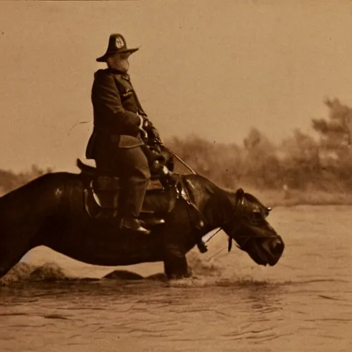 Image similar to a mountie riding on a hippo