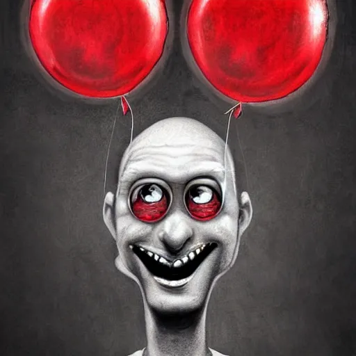 Prompt: surrealism grunge cartoon portrait sketch of a circular monster with a wide smile and a red balloon by - michael karcz, loony toons style, comic book style, horror theme, detailed, elegant, intricate