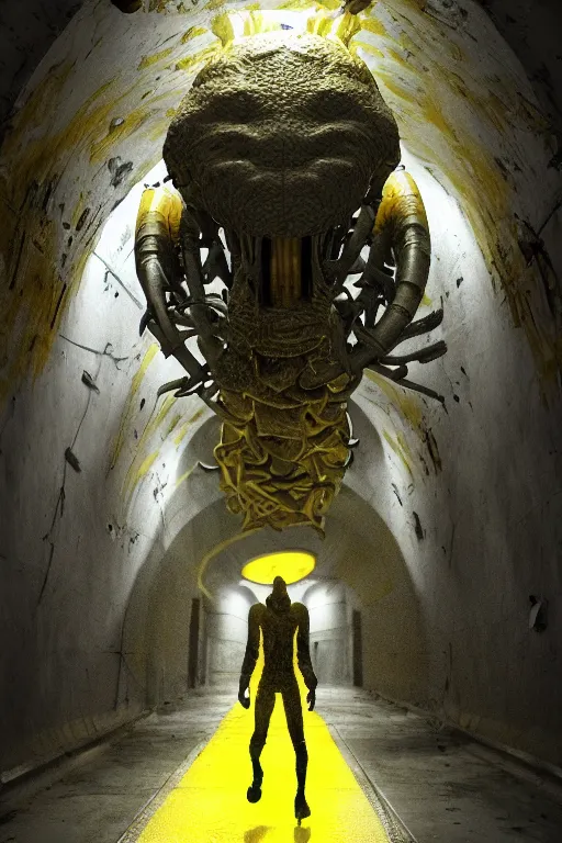 Prompt: Underground Lab, Huge monster alien, yellow, cinematic, 32k, cinematic lighting, octane