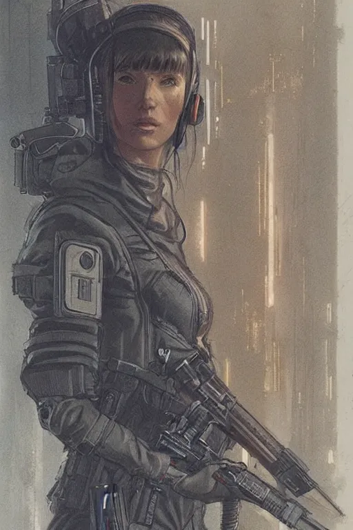 Image similar to Maria. blackops mercenary in near future tactical gear, stealth suit, and cyberpunk headset. Blade Runner 2049. concept art by James Gurney and Mœbius.