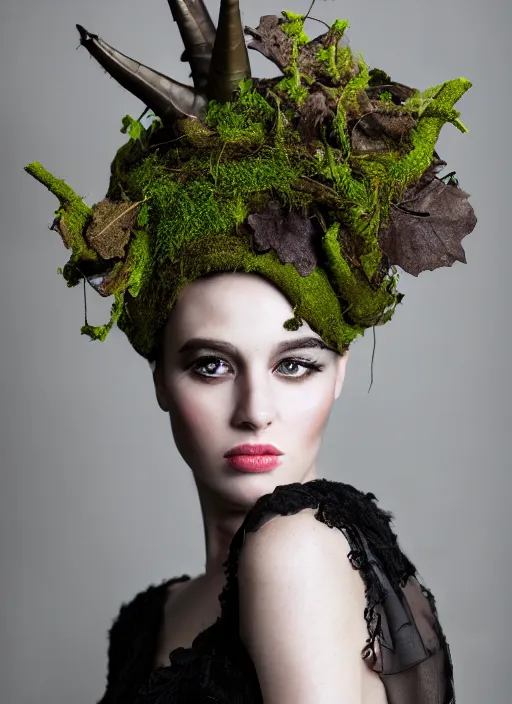 Image similar to a photo of a female model, orgnic headpiece, vines, horn, moss, fashion photography, realistic, hyperdetails, dark grey backdrop studio, moss and vine dress