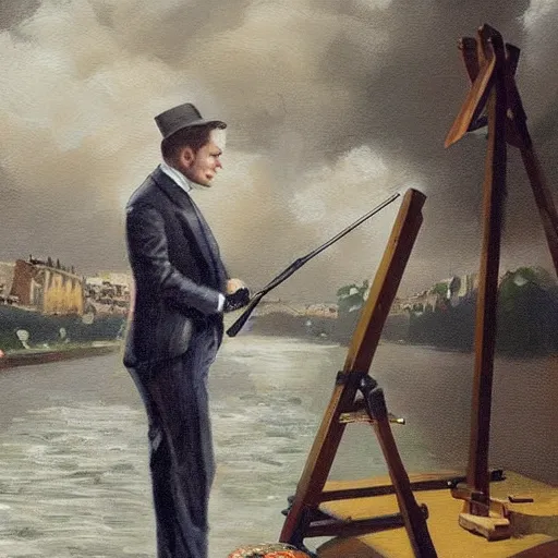 Prompt: mcgregor is dressed as a gentleman at early 2 0 th century paris. he is watching an easel. that easel has a canvas on it. ewan mcgregor has a brush on his hand. he is painting a painting. there is a small brown cat with yellow eyes on ewan mcgregors feet. on background has river seine, morning sun, dark clouds, lightning, dc comics