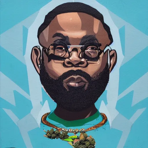 Prompt: matte painting rick ross, weed, graffiti, hard edges, geometric 3 d shapes, deep blue, og, street art, asymmetrical, marijuana, smoke, highly detailed masterpiece by sachin teng x supreme