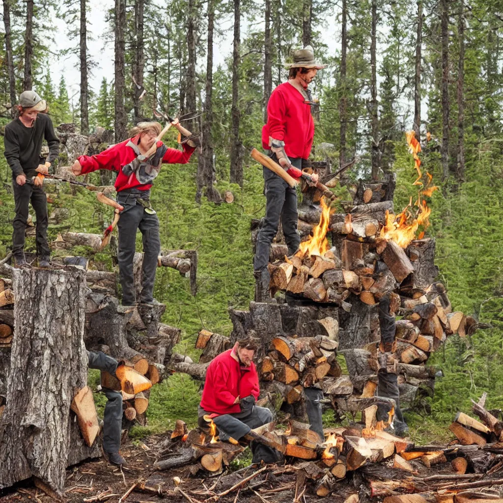 Image similar to disney's goofy cutting and splitting firewood with tomahawk in finnish forest