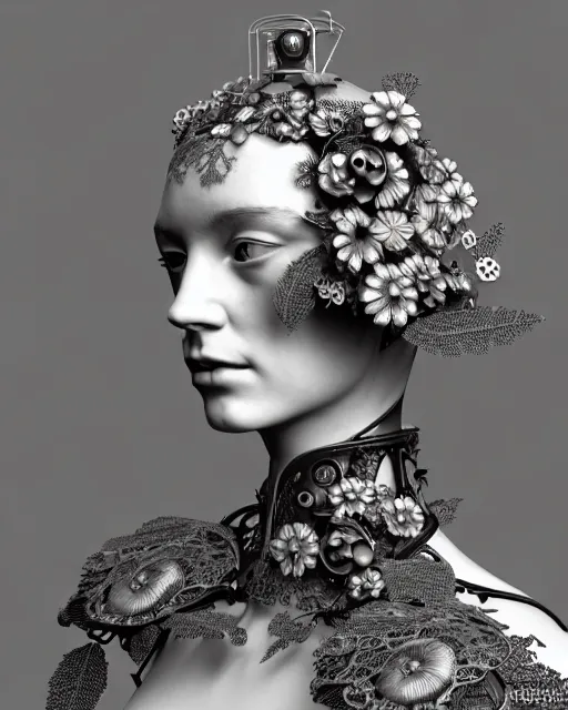 Image similar to monochrome 3 d model, 1 8 7 0 picture, silver mesh floral steampunk biomechanical beautiful young female cyborg with porcelain profile face and a techno eye, volumetric light, leaves foliage and stems, hibiscus flowers, sinuous fine roots, fine foliage lace, alexander mcqueen, rim light, big gothic fashion pearl embroidered collar, octane render, 8 k