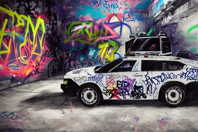 Image similar to a police car covered in graffiti by mia brownell, art by anna hotchkis, antonio saura, very detailed, maximalism, ambient occlusion, volumetric light, atmospheric haze, hyper realism, futuristic but colorful shading, cinematic composition, realistic render, photography, wide shot