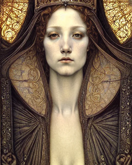 Image similar to detailed realistic beautiful young medieval queen face portrait by jean delville, gustave dore and marco mazzoni, art nouveau, symbolist, visionary, gothic, pre - raphaelite. horizontal symmetry