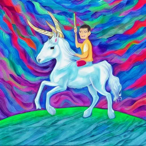 Image similar to Vitalik Buterin riding a unicorn, colorful painting