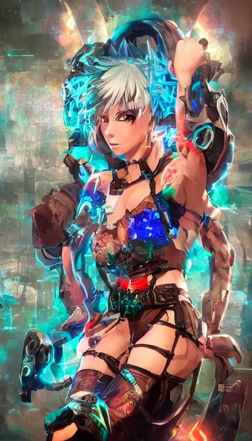 Prompt: render beautiful 3 d anime woman with short silver hair, blue eye and green eye, tank top and shorts with mechanical boots, glowing tribal tattoos, short smile, cinematic lightning, highly detailed, trending on artstation, 4 k, blender, cinematic color grading