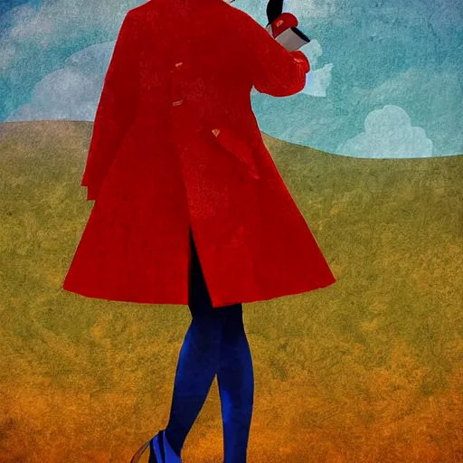 Prompt: woman with red coat and cyan umbrella, digital art