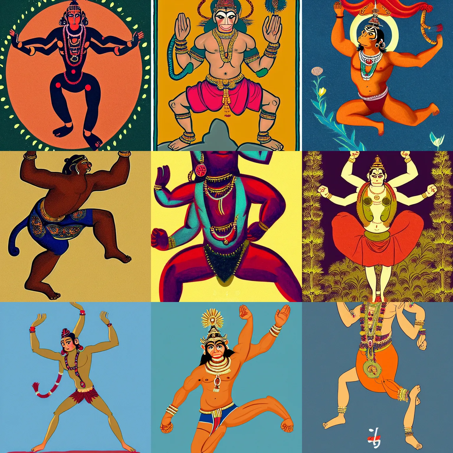 Prompt: a beautiful illustration of a hanuman, leaping with arms up, in the style of malika favre.