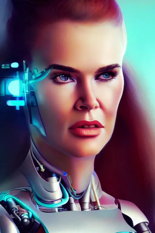 Image similar to mix of beautiful young maria shriver, mariel hemmingway, brooke shields, nicole kidman and elle macpherson as a cyborg terminator, thin lips, hair tied up in a pony tail, dark blonde hair, colorful, artstation, cgsociety