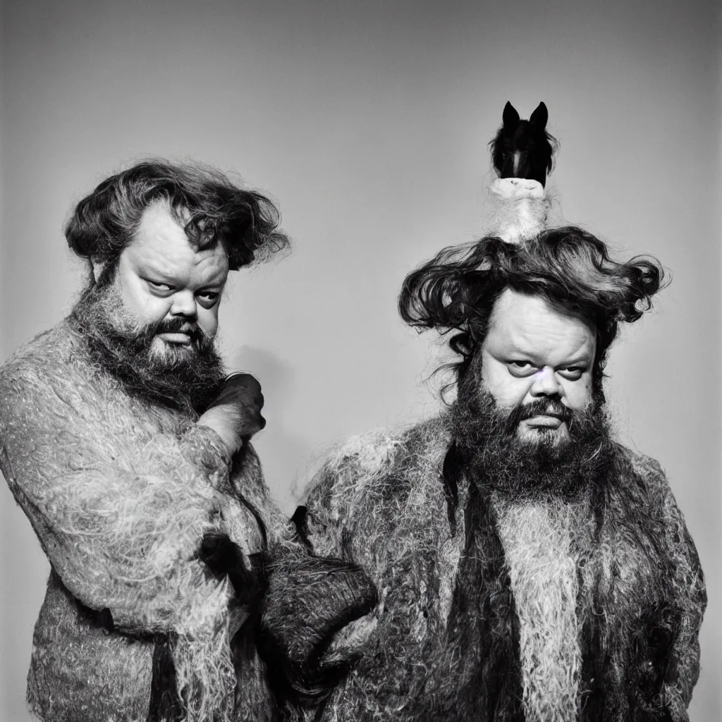 Prompt: An Alec Soth portrait photo of Orson Welles as Falstaff, he is wearing several horse-hair wigs, outdoor environmental portrait, lunar backdrop