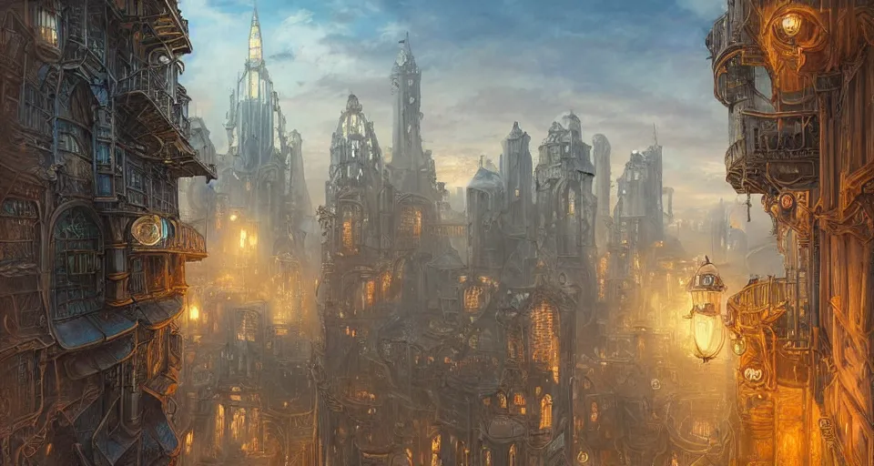 Prompt: landscape painting of fantasy metal steampunk city that has a light blue glow with walkways and lit windows and you can very clearly see a fine detailed blonde boy thief in browns leathers climbing one of the tall buildings using a rope, fine details, magali villeneuve, artgerm, rutkowski