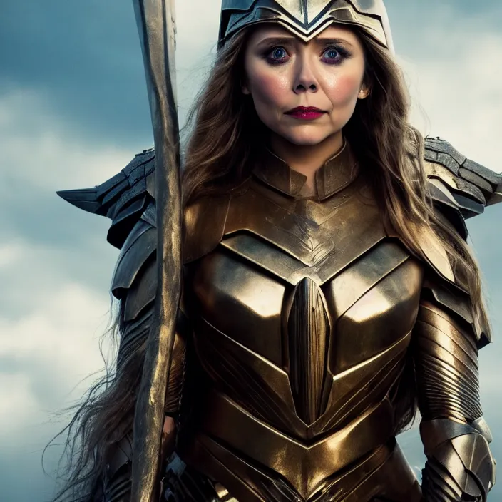 Image similar to professional full length photograph of elizabeth olsen as a valkyrie warrior. Extremely detailed. 8k