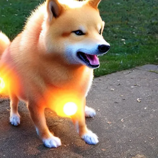 Prompt: super saiyan shiba into with glowing hair, holding an energy sphere