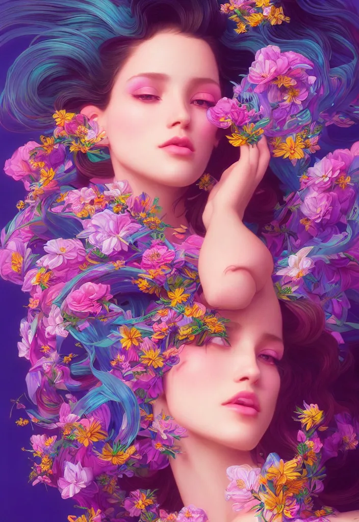 Image similar to young beautiful woman, gorgeous face, vaporwave aesthetic, synthwave, colorful, psychedelic, artstation, flowers, bees, ribbons, concept art, full - body, gown, smooth, extremely sharp detail, finely tuned detail, 8 k, unreal engine 5, ultra sharp focus, illustration, art by artgerm and greg rutkowski and alphonse mucha