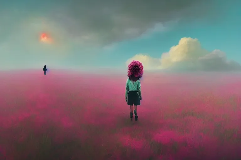 Prompt: giant dahlia flower crown head, young girl walking on mountain, surreal photography, pink storm clouds, dramatic light, impressionist painting, digital painting, artstation, simon stalenhag
